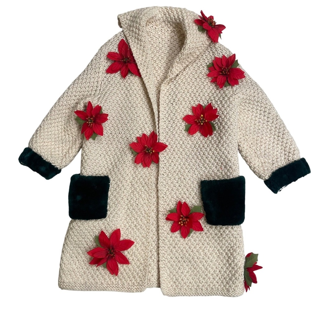 Vintage hand crochet Cream Knit Poinsettia Cardigan Coat Open Front Sweater M-L?
